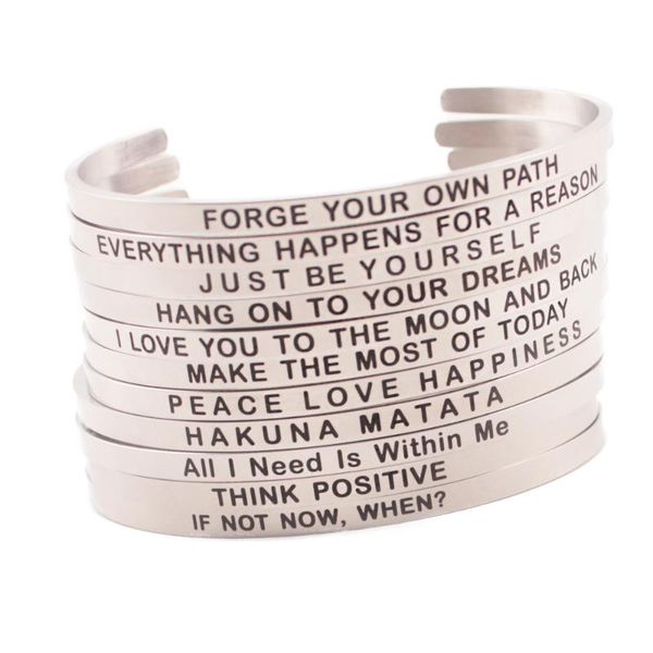 

mantra bracelet inspirational quote bracelet stamped hakuna matata think positive love 4mm bar stainlless steel bangle open cuff, Black