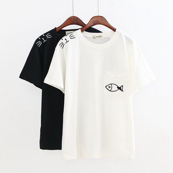 

rx5254 summer wear new style japanese-style cat fish embroidered short sleeve t-shirt women's versatile hipster base shirt, White