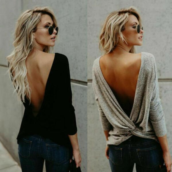 

2019 backless ladies womens blouses fashion women long sleeve twisted open back loose casual shirt blouse, White