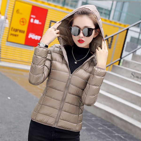 

winter women ultra light down jacket white duck down hooded jackets long sleeve warm coat parka female solid portable outwear, Black
