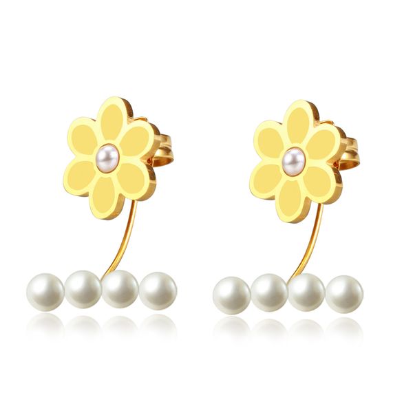 

new flower pearl earrings jewelry for girls stainless steel yellow enamel stud earrings, Golden;silver