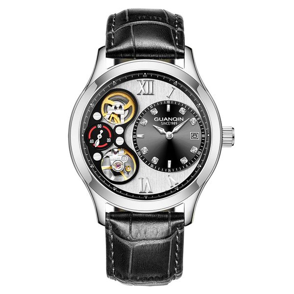 

guanqin new mechanical brand luxury watch clock men automatic waterproof gold wastch keleton double movement erkek kol saati, Slivery;brown