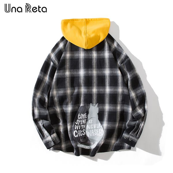

men's casual shirts una reta shirt autumn hip-hop men hooded streetwear lattice long sleeve cute cat print man, White;black