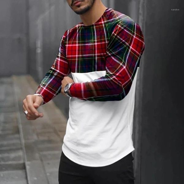 

mens designer panelled tshirts fashion slim pullover crew neck mens tees casual long sleeve plaid print males clothing, White;black