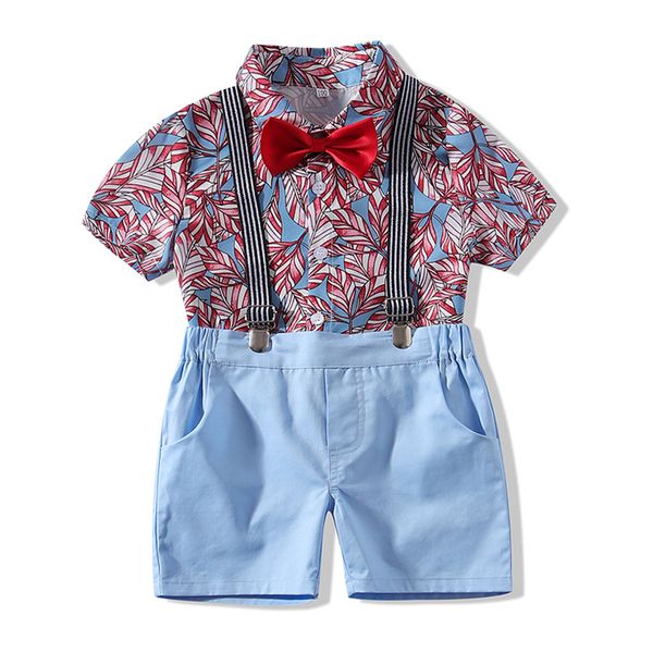 

summer toddler infant baby boys kids clothes gentleman t-shirt suspenders strap shorts set outfits, White
