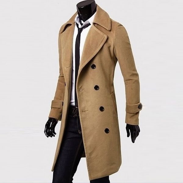 

european style double breasted woollen cloth trench coat lapel collar simple male trench plus size solid male's outwear 3xl 2xl, Tan;black