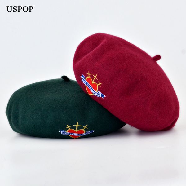 

uspop 2019 wool beret women fashion badge embroidery berets casual female thick warm winter hat, Blue;gray