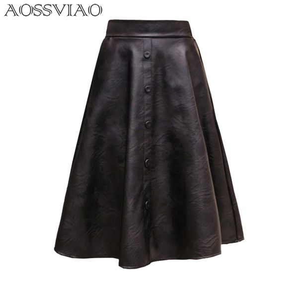 

aossviao 2019 new spring women skirt fashion pu leather skirt high waist pleated swing vintage maxi saias plus size, Black