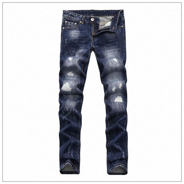 

hole elastic zipper jeans 2019 vogue mens jeans spring new medusa deep blue skinny pants designer