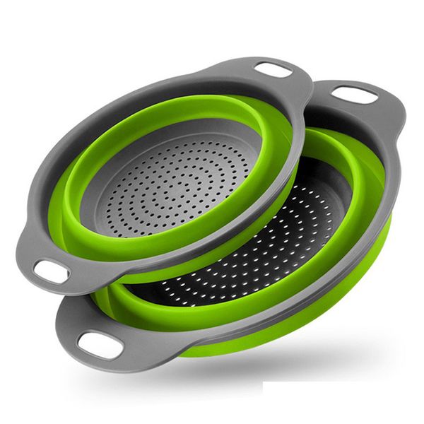 

2pcs/set foldable silicone colander fruit vegetable washing basket strainer collapsible drainer with handle kitchen tool