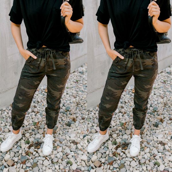 

женщины осень повседневная высокая талия камуфляж брюки-карго дамы шнурок военные боевые брюки, Black;white