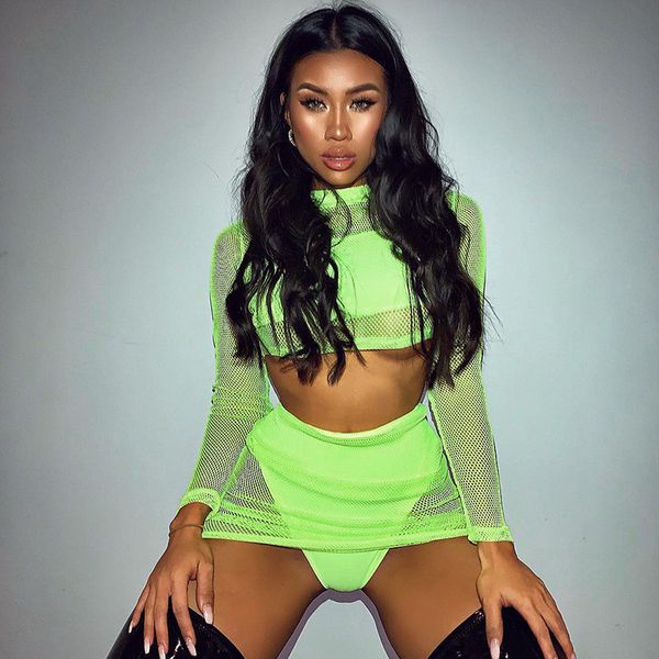 

2019 spring summer fishnet see through matching sets long sleeve crop skinny mini skirts night club party 2 piece sets, White