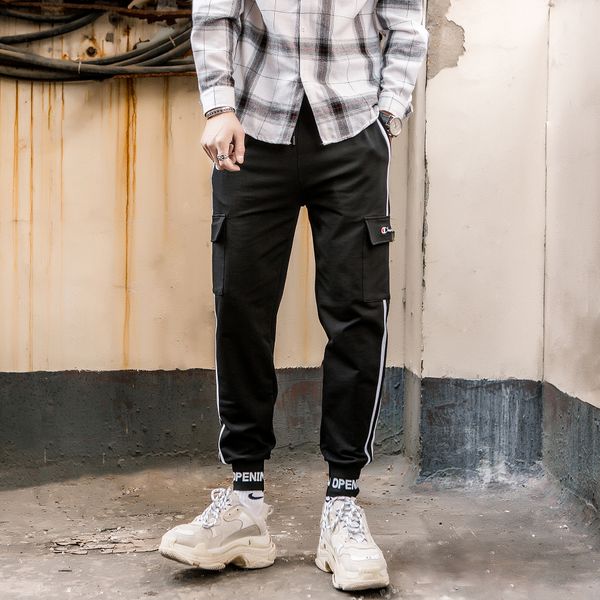

champions tide brand trousers mens designer trousers fashion casual pants street hip hop pants wild sports pants tide trousers, Black