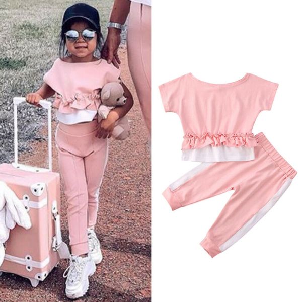 

2020 fashion trend 2pcs kid baby girl clothes short sleeve ruffle long pencil pants outfit summer casual simple sport sets, Black;blue