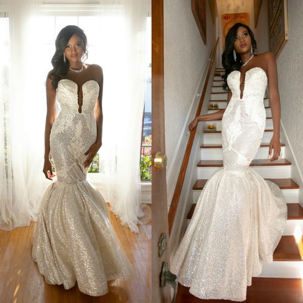 

sparkly black girls mermaid wedding dresses 2019 naama & anat sweetheart lace sequined glitters bridal gowns beach africa robe de mariÃ©e, White