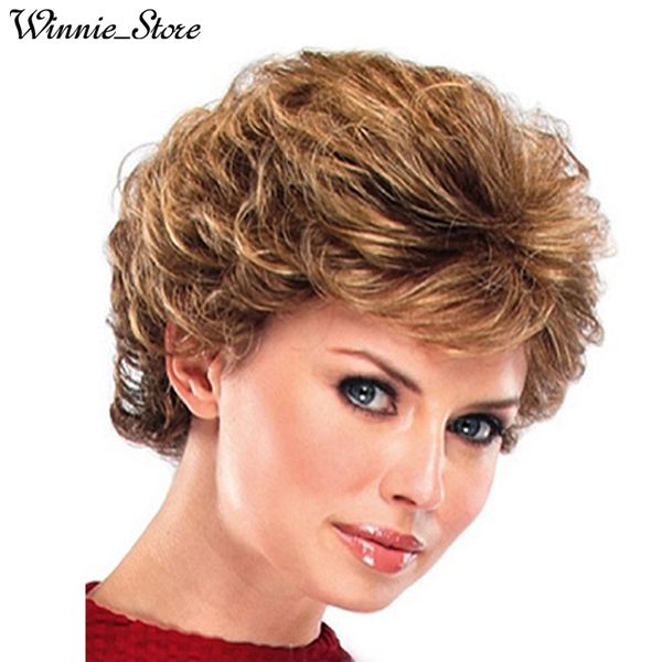 Women Synthetic Hair Wig Brown Short Puffy Curly Soft Bangs Heat