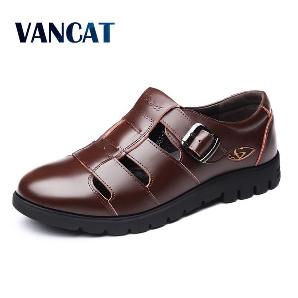 

vancat men's summer shoes cow split leather new 2019 men sandals hollow platform business sandal driving moccasins big size38-47, Black
