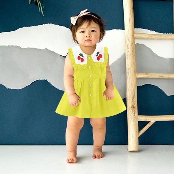 

summer dress baby kids girls peter pan collar print solid princess dresses clothes princess costume casual dresses for girls, Red;yellow