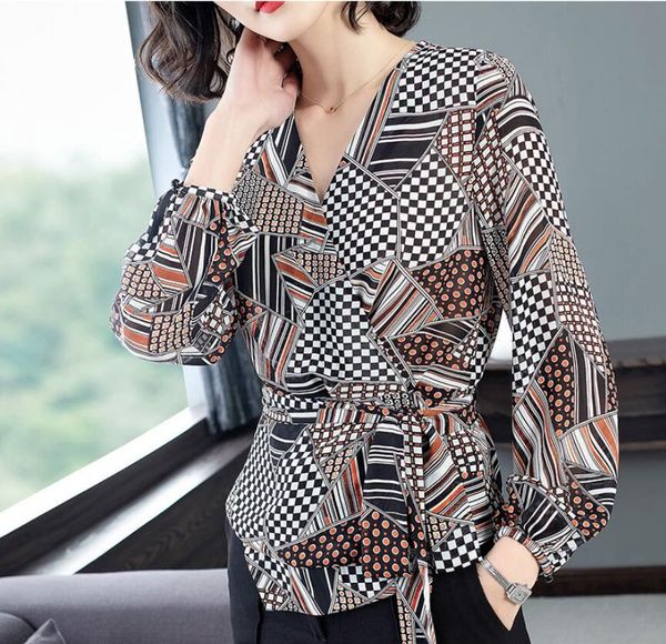 

2020 new pg2872 summer women blouses chiffon blouse shirts for women long sleeve office lady shirt print blouse, White