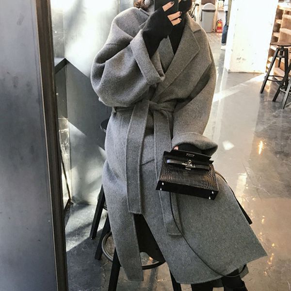 

women wool blends korean office ladies elegant lace-up solid long overcoat vintage ankle-length autumn winter cardigan coat, Black