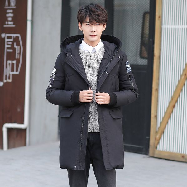 

2019 winter down jacket men's casual slim long thick youth tide men's jacket, Black;white
