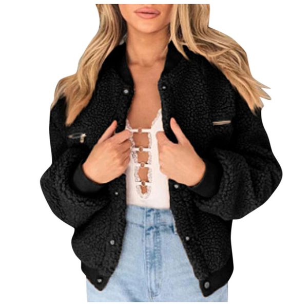 

chamsgend winter coat womens thick warm pocket fleece jacket zip up overcoat zip open front outwear coat 1022, Black