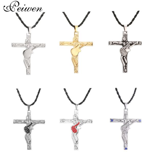 

guitar cross pendant necklace rock star johnny hallyday stainless steel necklace leather chain men women blue red crystal choker, Silver
