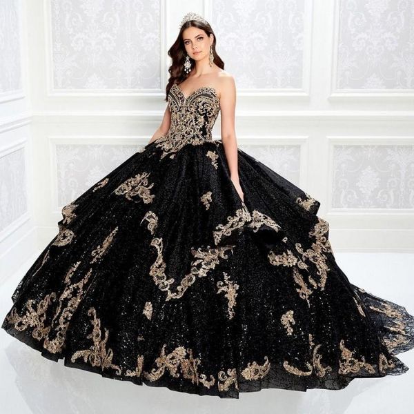 

shining black beaded ball gown quinceanera dresses sweetheart neck lace appliqued prom gowns sequined sweep train tulle sweet 15 dress, Blue;red
