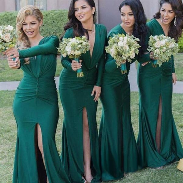 

fashionable v neck mermaid bridesmaid dresses long sleeves green maid of honor dress with front slit formal party prom gowns, White;pink