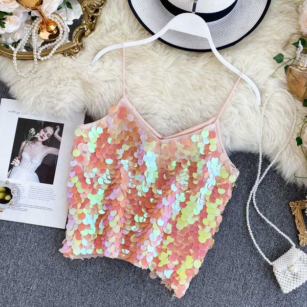 

women's tanks & camis v-neck sequins camisole backless bling sparkling slings wild beading shorts crop cami rhinestone club dance, White