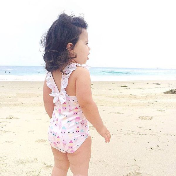 

children baby girls bikini swimwear 2020 toddler baby kids swimsuit ice-cream printed romper swimwear beachwear suit for girls, White