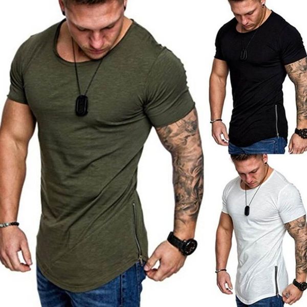 

лето мужской side zipper t shirt slim fit тощий solid color tshirt swag хем хип-хоп футболки для мужчин curve streetwear trend m-3xl, White;black