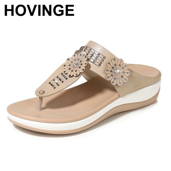 

hovinge women leather slippers flip flops girls wedges summer platform slides fashion floral non slip beach shoes, Black