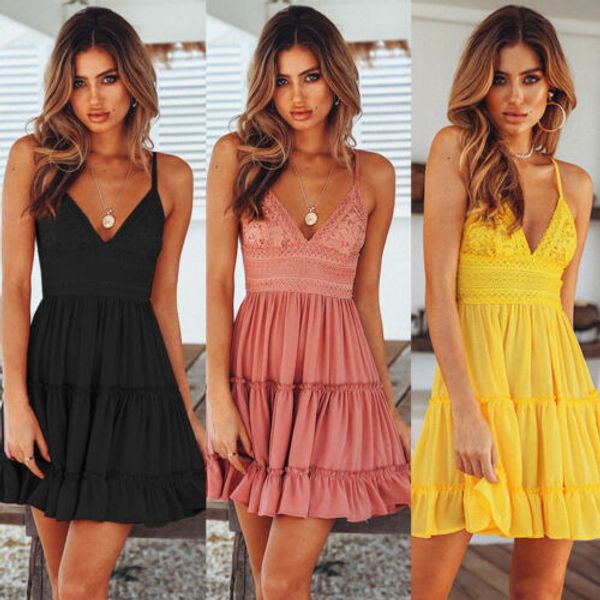 

2019 new women summer black backless layers sweet boho short mini dress v neck high waist evening party beach dresses sundress, Black;gray