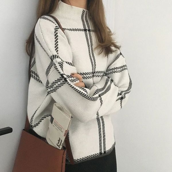 

women loose plaid sweater winter knitwear pullover sweater turtleneck coat -mx8, White;black