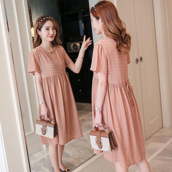 

2020 new summer pregnant women casual short sleeve striped chiffon pleated dress maternity loose knee length dresses vestido h20, White
