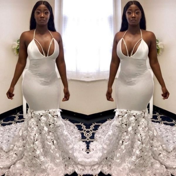 

gorgeous deep v neck mermaid prom dress halter sleeveless sweep train hand made flower black girls cocktail party gown
