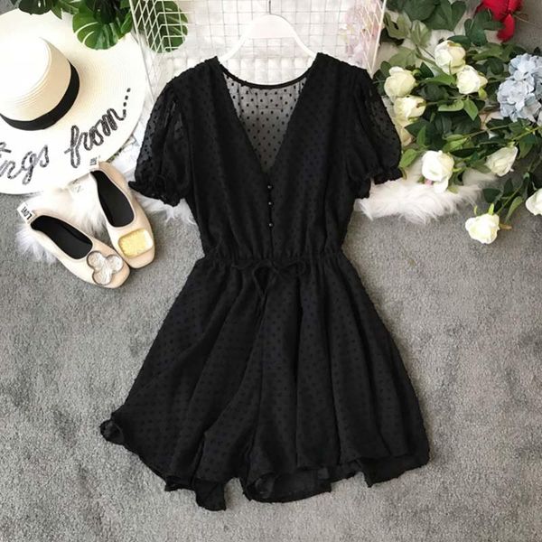 

summer casual bodysuit women lace up romper wide leg jumpsuit v-neck chiffon bechwear mono mujer combinaison femme, Black;white