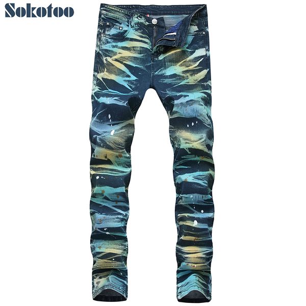 

men's colored tie and dye slim jeans trendy plus size painted denim pants, Blue