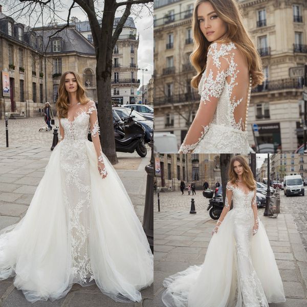 

2019 mermaid wedding dresses with detachable overskirts sheer neck sweep train boho wedding dress bridal gowns custom bead long sleeves robe, White