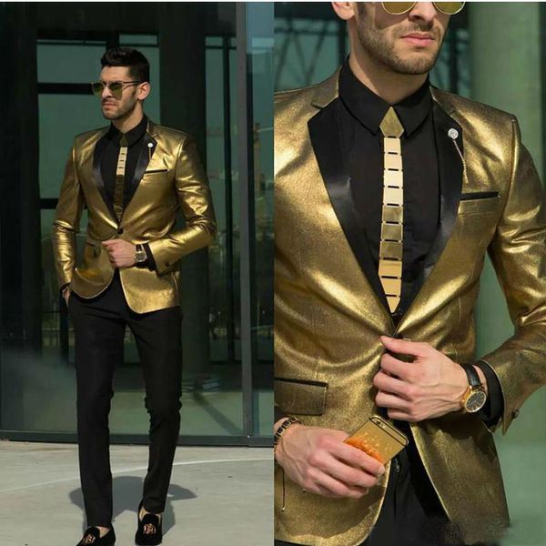 Neueste glänzende goldene Hochzeitsanzüge für Männer Günstige Smoking Slim Fit Bräutigam tragen Beste Herrenanzüge nach Maß (Jacke + Hose)