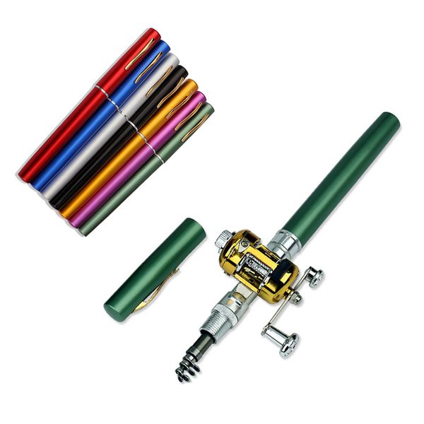 

portable mini fishing pole pocket pen shape folded fishing rods with reel wheel 6 colors pocket rods reel