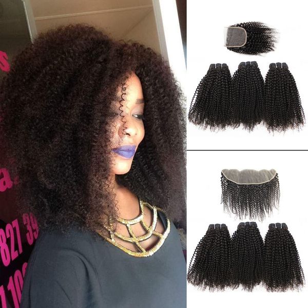 

kisshair afro kinky curly virgin hair bundles with 4x4 lace closure natural brown brazilian curly human hair with 4x13 frontal, Black;brown