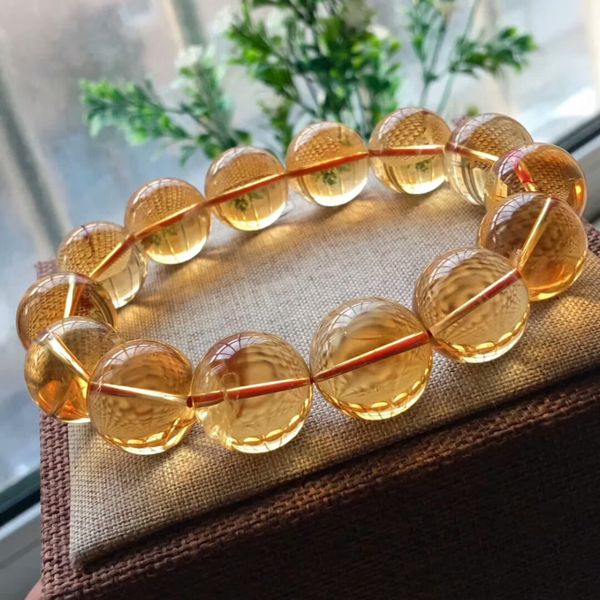 

17mm natural citrine quartz crystal yellow bracelet round beads wealthy gemstone stone stretch woman man, Golden;silver