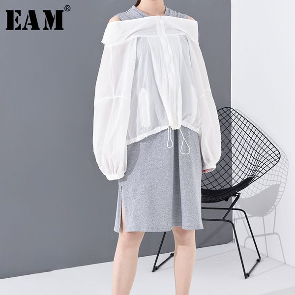 

eam] women contrast color gray off shoulder dress new round neck long sleeve loose fit fashion tide spring autumn 2020 ju73202, Black;gray