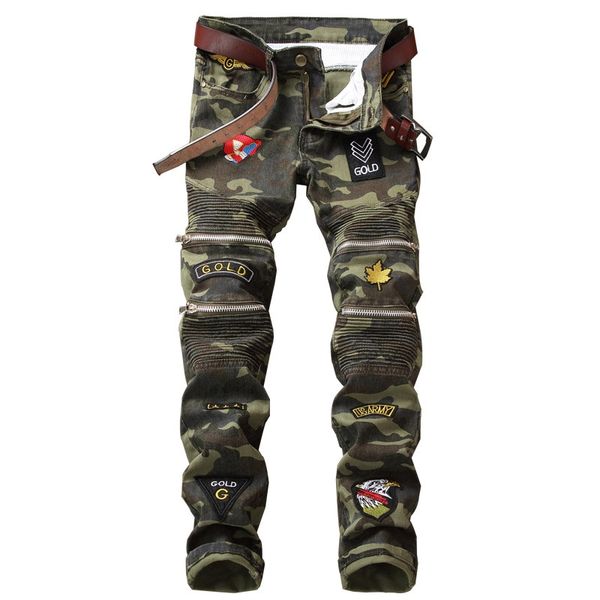 

patchwork badge biker jeans men camouflage slim fit motocycle denim trousers straight washed multi zipper pants, Blue