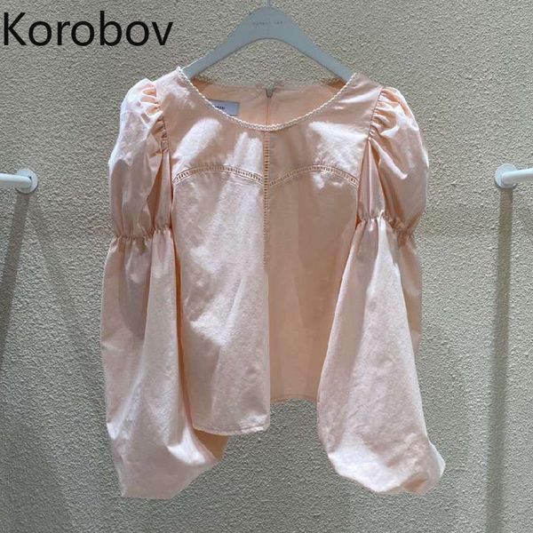 

короба o шеи фонарь с длинным рукавом твердой блузы элегантного корейского кружево лоскутной пуловер blusas тонкой весна рубашка 2a211, White