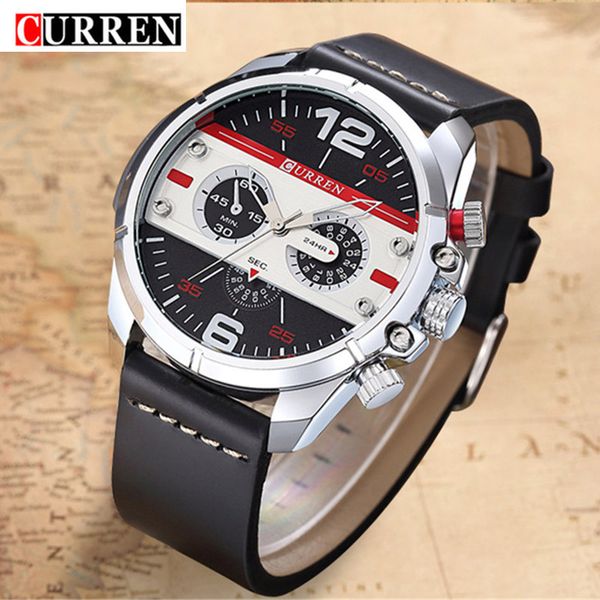 

men watches luxury leather quartz wristwatch male waterproof army watch men's fashion sport analog male clock curren, Slivery;brown