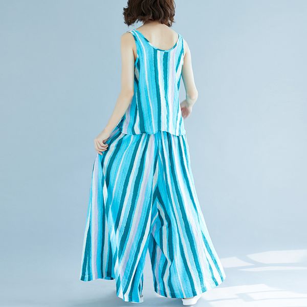 

women suits summer high-low blouses+striped cotton linen trousers twinset female plus size clothes set women, White