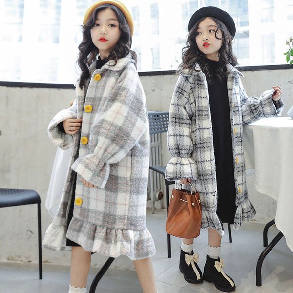 

New Kid Girl Jackets Winter Wool Coat for Girls Teens Autumn Jacket Warm Outerwear Children Plaid Windbreaker, Ivory